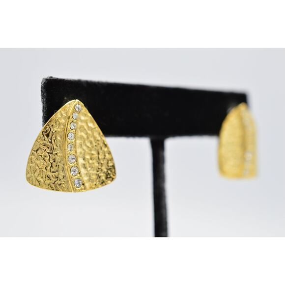 Vintage Pierced Earrings Brushed Gold Textured Rhinestone Shiny NOS 1980s BinAA - Picture 4 of 11